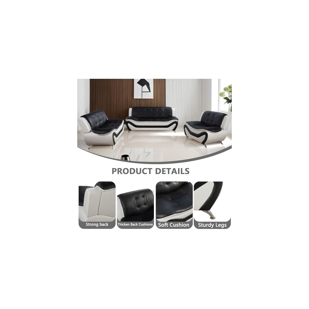 Leather Living Room Sofa Set, Equipped with Metal Leg Support Pillow Top Armrests, Perfect for Living Rooms, Offices, and Lounges (A-Black and White, Sofa+Loveseat+Chair)