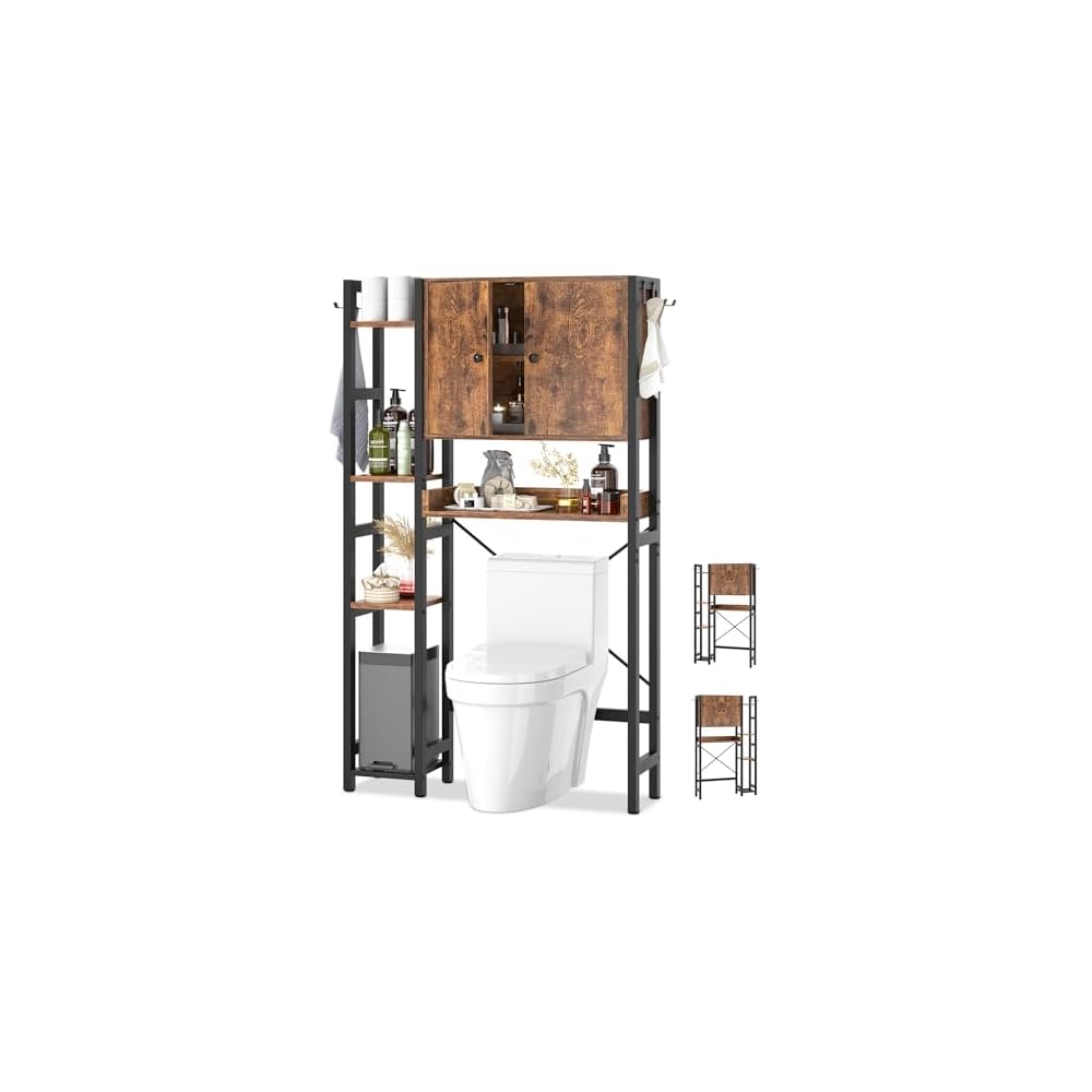 Over The Toilet Storage Cabinet with Doors - 7 Tier Bathroom Organizer with Adjustable Shelf, Freestanding Space Saver Rack Above Toilet Stand with 4 Hooks for Bathroom, Restroom, Laundry, Rustic