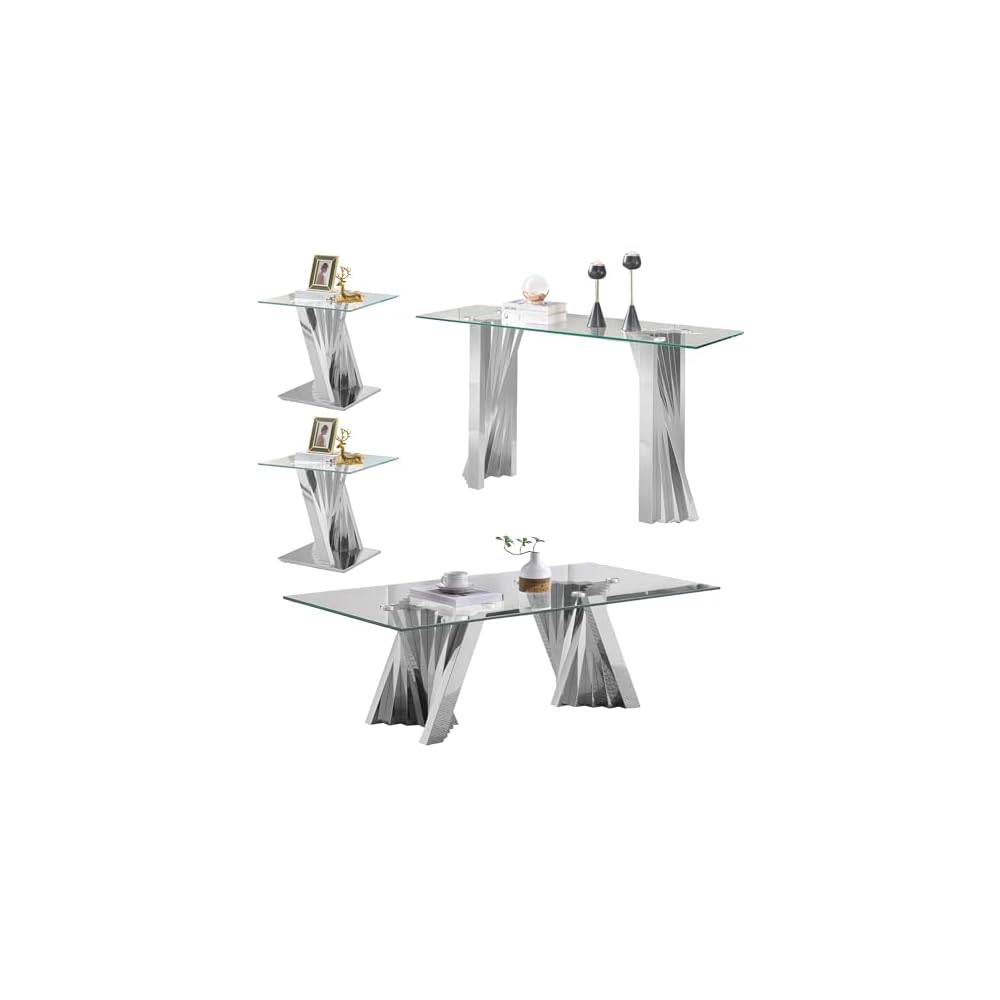 Henf Luxury Glass Coffee Table Set of 2 Piece Gold Living Room Table Set of 2 Including Coffee and End Table Set, Gorgeous Stainless Steel Frame, Clear Glass Top for Living Room Home Office Apartment