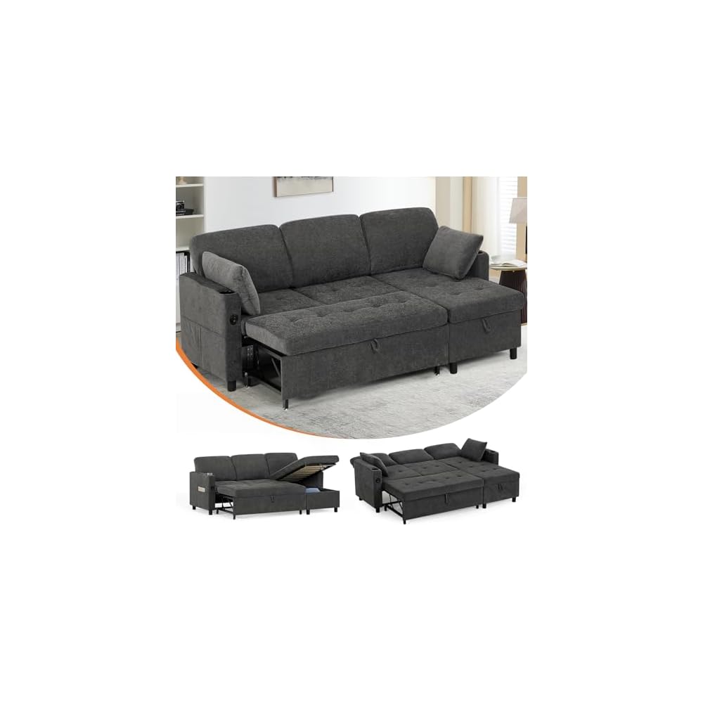 84" Fabric Sleeper Sofa Bed w/Adjustable Backrests, Grey