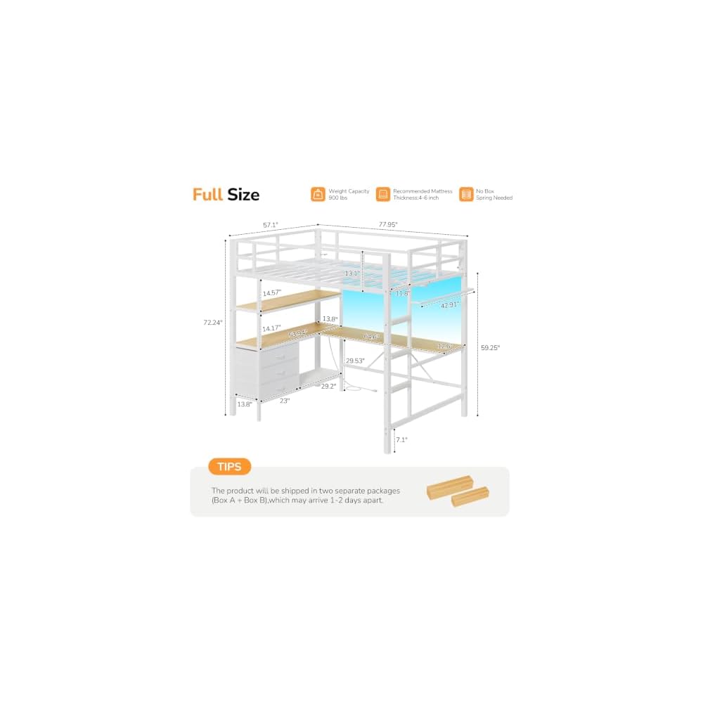 DICTAC Loft Bed Full Size with L-Shaped Desk and 3 Storage Drawers, White