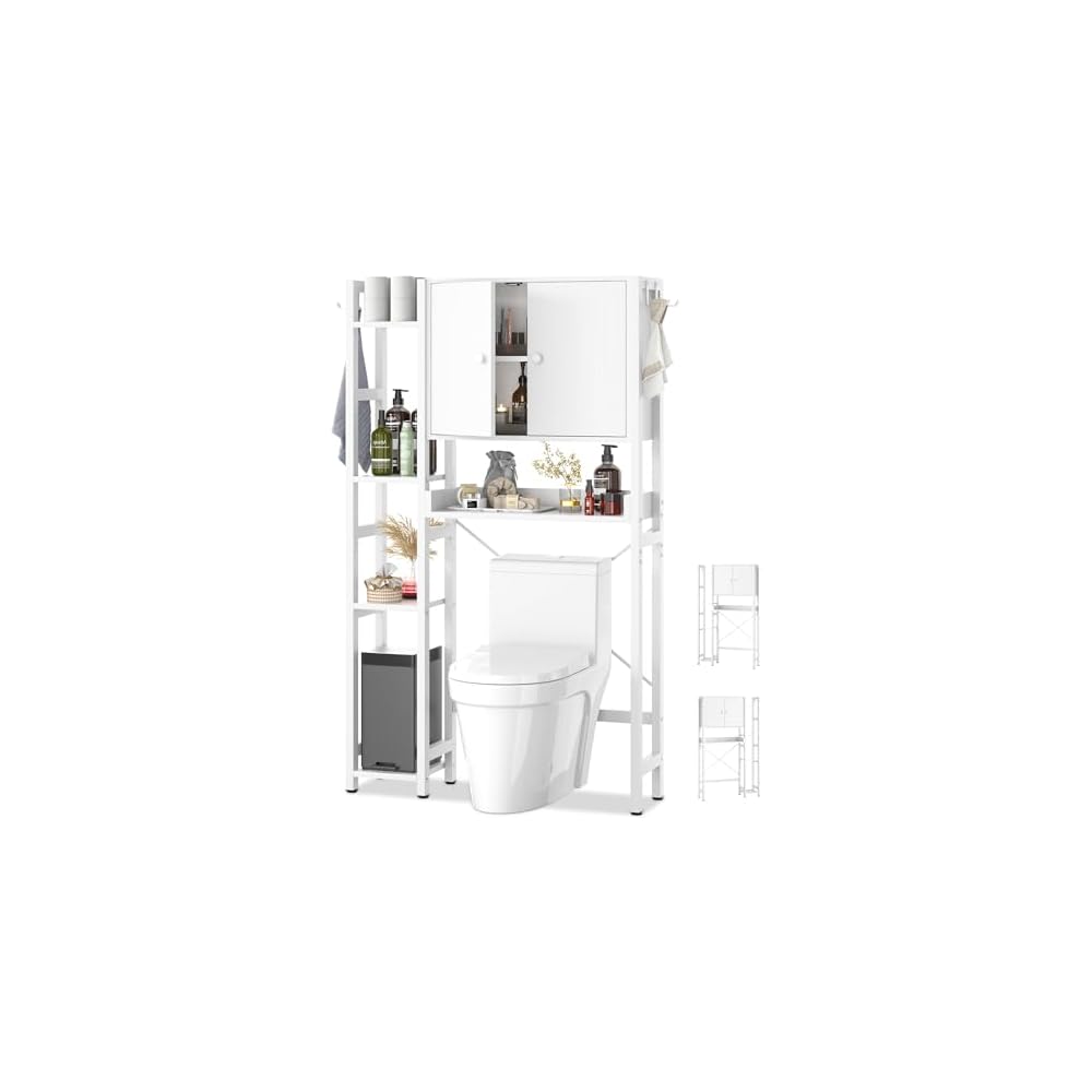 Over The Toilet Storage Cabinet with Doors - 7 Tier Bathroom Organizer with Adjustable Shelf, Freestanding Space Saver Rack Above Toilet Stand with 4 Hooks for Bathroom, Restroom, Laundry, Rustic