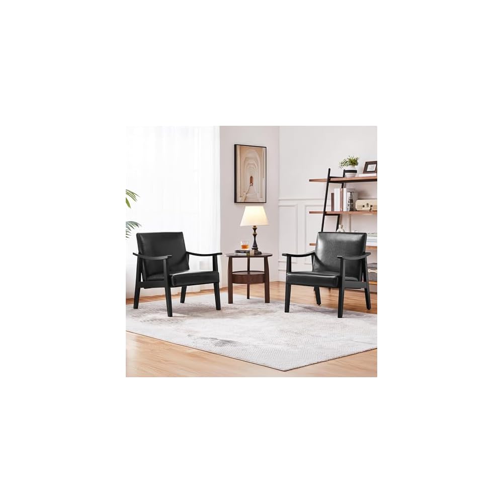 Yaheetech Accent Chairs Set of 2, Mid-Century Faux Leather Armchairs, Black
