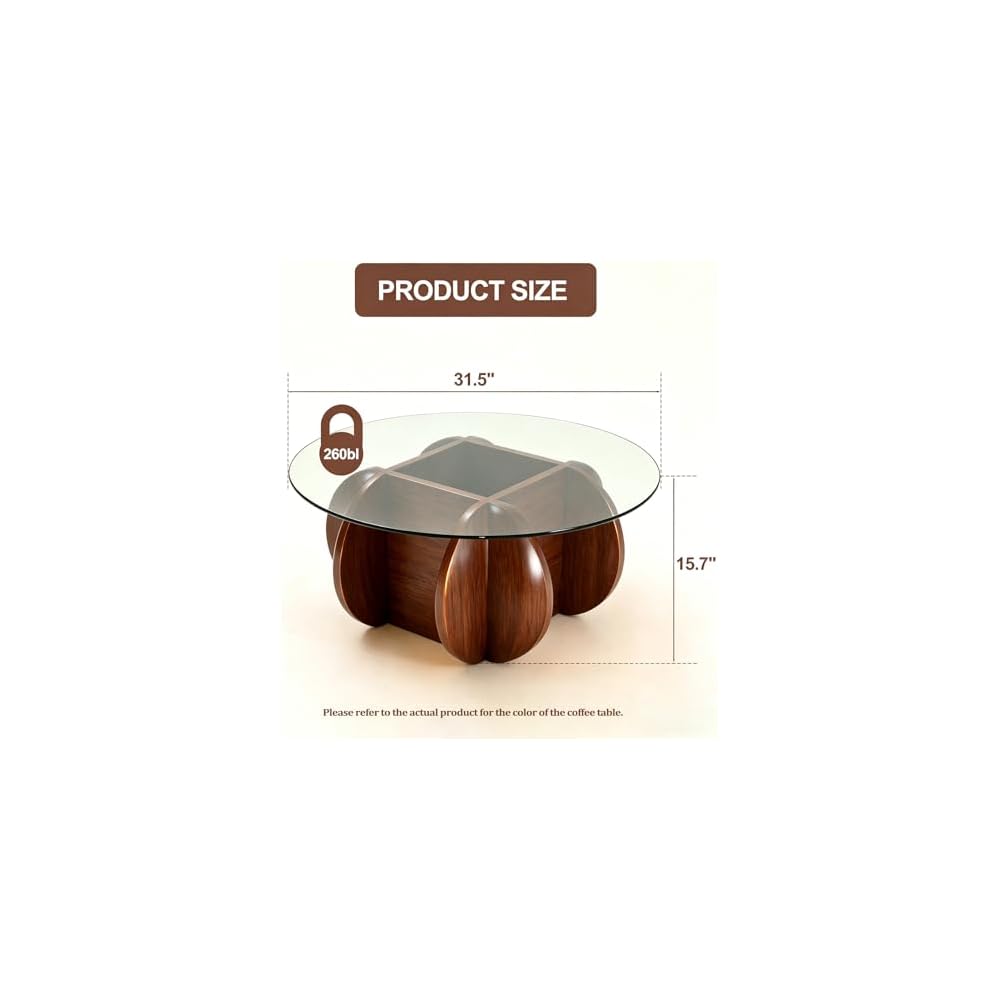 Glass Coffee Tables for Living Room Modern Elegant Round Coffee Table Mid Century Farmhouse Center Table with Solid Wood Frame and Tempered Glass Tabletop, Easy Assembly,31.5''