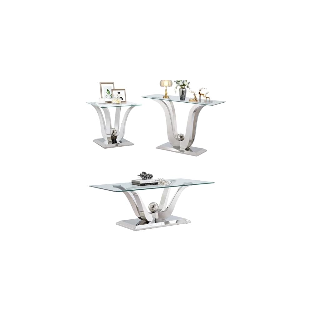 Henf Luxury Glass Coffee Table Set of 2 Piece Gold Living Room Table Set of 2 Including Coffee and End Table Set, Gorgeous Stainless Steel Frame, Clear Glass Top for Living Room Home Office Apartment