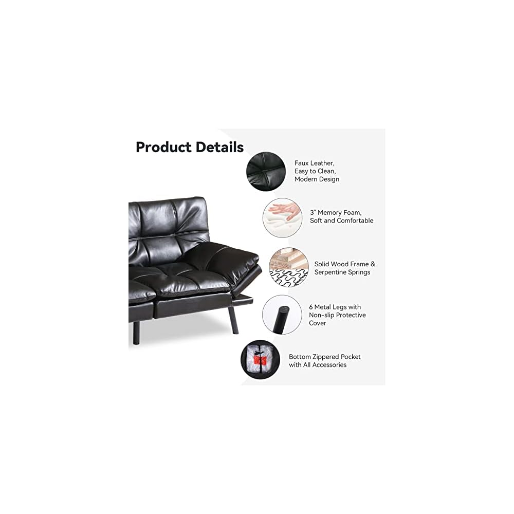 Hcore Multifunctional Futon Sofa Bed,Convertible Sleeper Futon Couch,Memory Foam Loveseat Sofa Bed,Small Splitback Faux Leather Modern Sofa for Living Room,Office,Apartment,Light Black