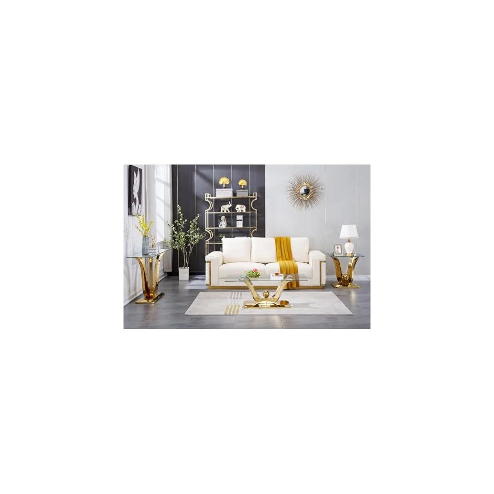 Henf Luxury Glass Coffee Table Set of 2 Piece Gold Living Room Table Set of 2 Including Coffee and End Table Set, Gorgeous Stainless Steel Frame, Clear Glass Top for Living Room Home Office Apartment