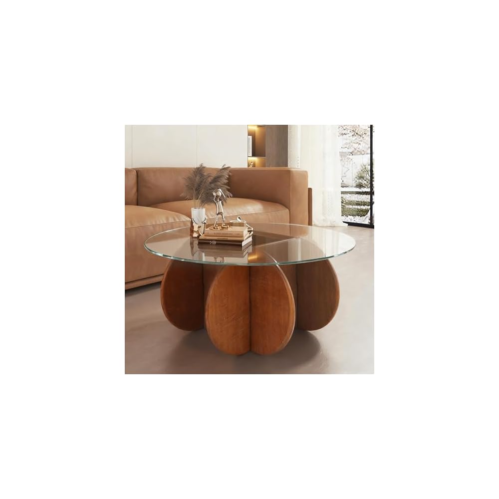 Glass Coffee Tables for Living Room Modern Elegant Round Coffee Table Mid Century Farmhouse Center Table with Solid Wood Frame and Tempered Glass Tabletop, Easy Assembly,31.5''