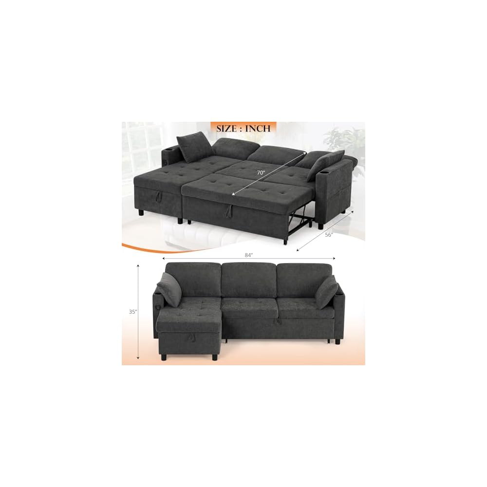 84" Fabric Sleeper Sofa Bed w/Adjustable Backrests, Grey
