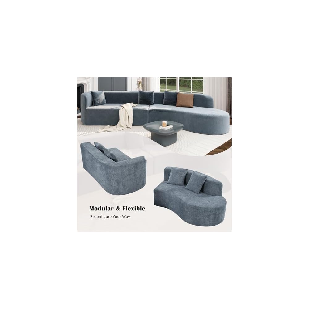 Merax Modern Minimalist Large 2-piece Sectional Curved Chenille Sofa with 3 Pillows and High-Density Foam for Luxurious Comfort and Seamless, for Living Room, Bedroom, Blue