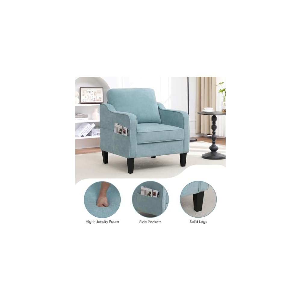 Accent Chair for Living Room, Mid Century Modern Reading Chair for Bedroom, Upholstered Armchair with Side Pockets, Comfy Single Sofa Side Chair for Office, Apartment, Small Room, Teal Green