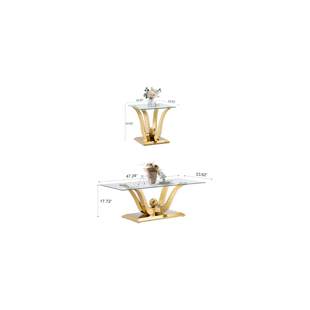 Henf Luxury Glass Coffee Table Set of 2 Piece Gold Living Room Table Set of 2 Including Coffee and End Table Set, Gorgeous Stainless Steel Frame, Clear Glass Top for Living Room Home Office Apartment