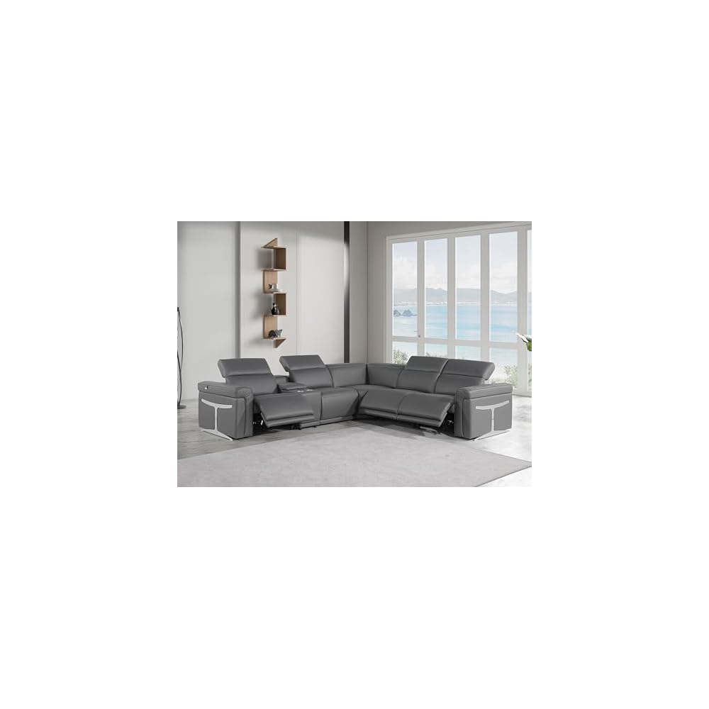 BlackJack Furniture Riccardo 6-Piece Top Grain Italian Leather Sectional Sofa with 3 Power Reclining Couch Seats, USB & Wireless Chargers, Headrests, Cup Holder, and Console Storage, Dark Gray