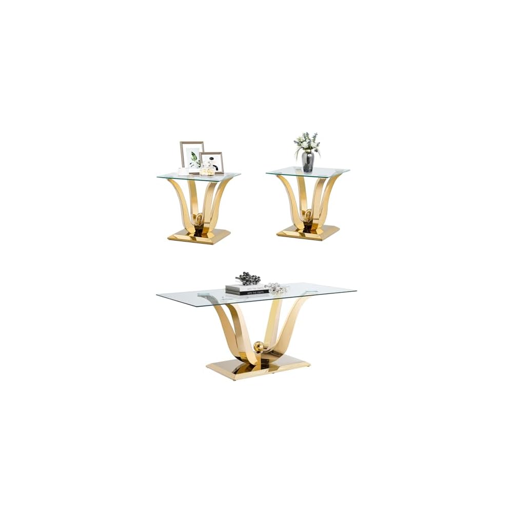 Henf Luxury Glass Coffee Table Set of 2 Piece Gold Living Room Table Set of 2 Including Coffee and End Table Set, Gorgeous Stainless Steel Frame, Clear Glass Top for Living Room Home Office Apartment