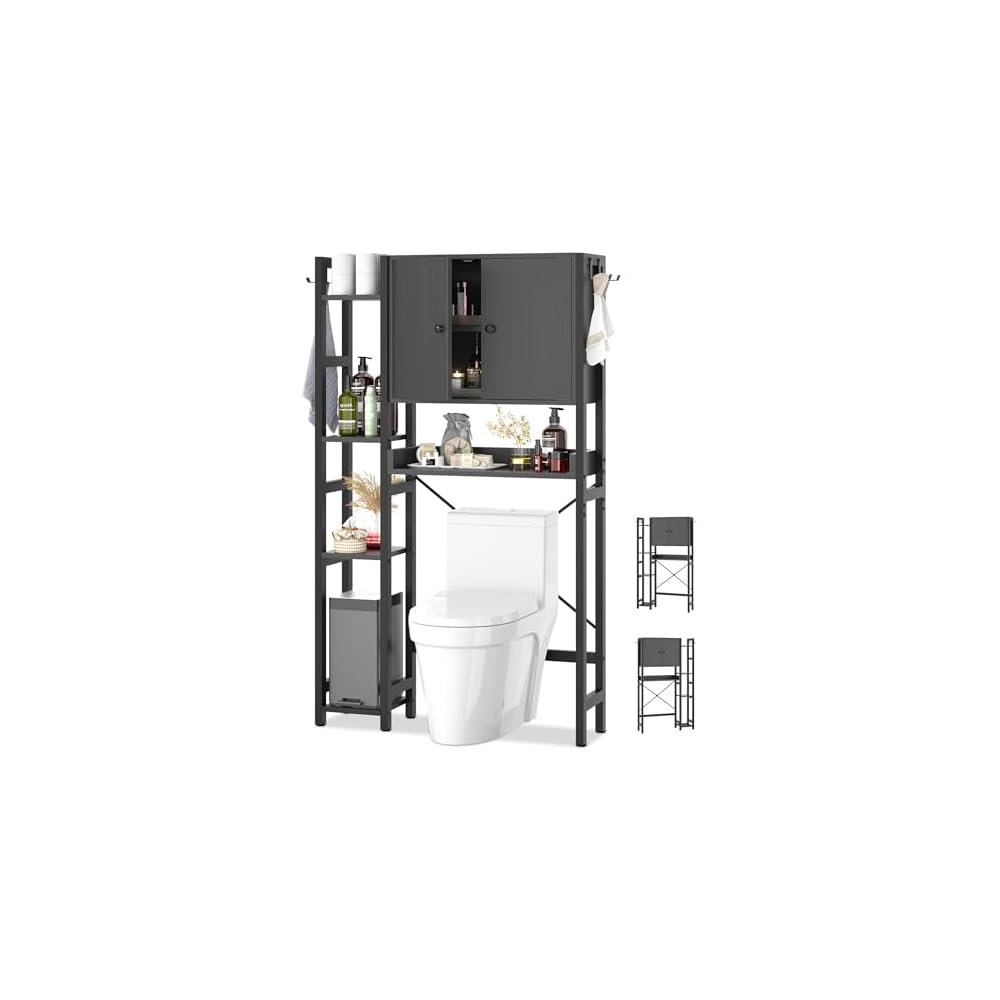 Over The Toilet Storage Cabinet with Doors - 7 Tier Bathroom Organizer with Adjustable Shelf, Freestanding Space Saver Rack Above Toilet Stand with 4 Hooks for Bathroom, Restroom, Laundry, Rustic