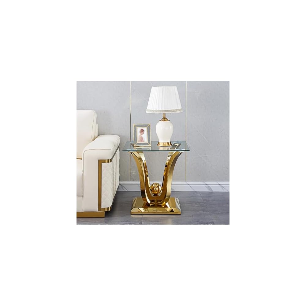 Henf Luxury Glass Coffee Table Set of 2 Piece Gold Living Room Table Set of 2 Including Coffee and End Table Set, Gorgeous Stainless Steel Frame, Clear Glass Top for Living Room Home Office Apartment