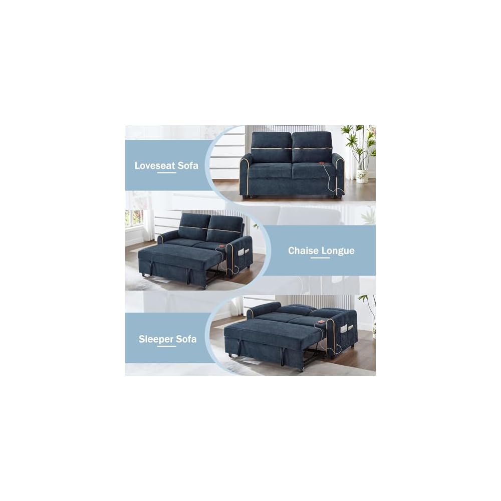 58" Blue Convertible Sofa Bed, Chenille Pull Out Sleeper Couch with Side Pockets and Charging Ports, Pullout Loveseat with Chaise for RV, Living Room, Bedroom, Small Spaces (Blue)