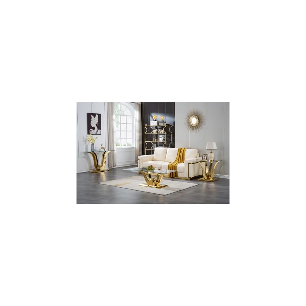 Henf Luxury Glass Coffee Table Set of 2 Piece Gold Living Room Table Set of 2 Including Coffee and End Table Set, Gorgeous Stainless Steel Frame, Clear Glass Top for Living Room Home Office Apartment