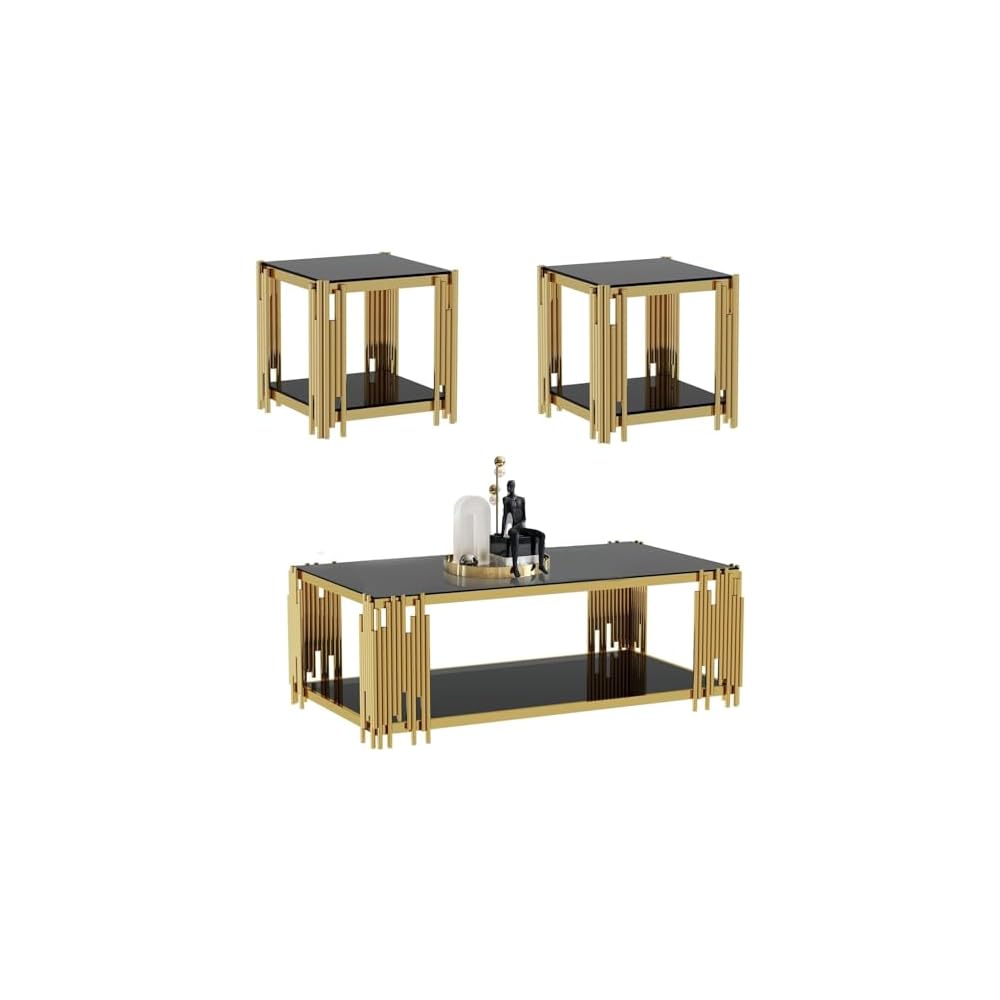 Henf Luxury Glass Coffee Table Set of 2 Piece Gold Living Room Table Set of 2 Including Coffee and End Table Set, Gorgeous Stainless Steel Frame, Clear Glass Top for Living Room Home Office Apartment
