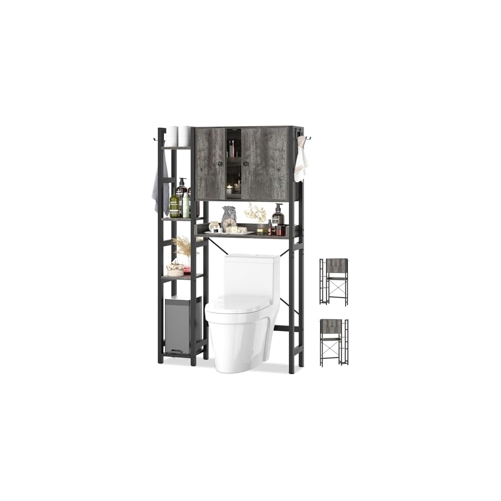 Over The Toilet Storage Cabinet with Doors - 7 Tier Bathroom Organizer with Adjustable Shelf, Freestanding Space Saver Rack Above Toilet Stand with 4 Hooks for Bathroom, Restroom, Laundry, Rustic