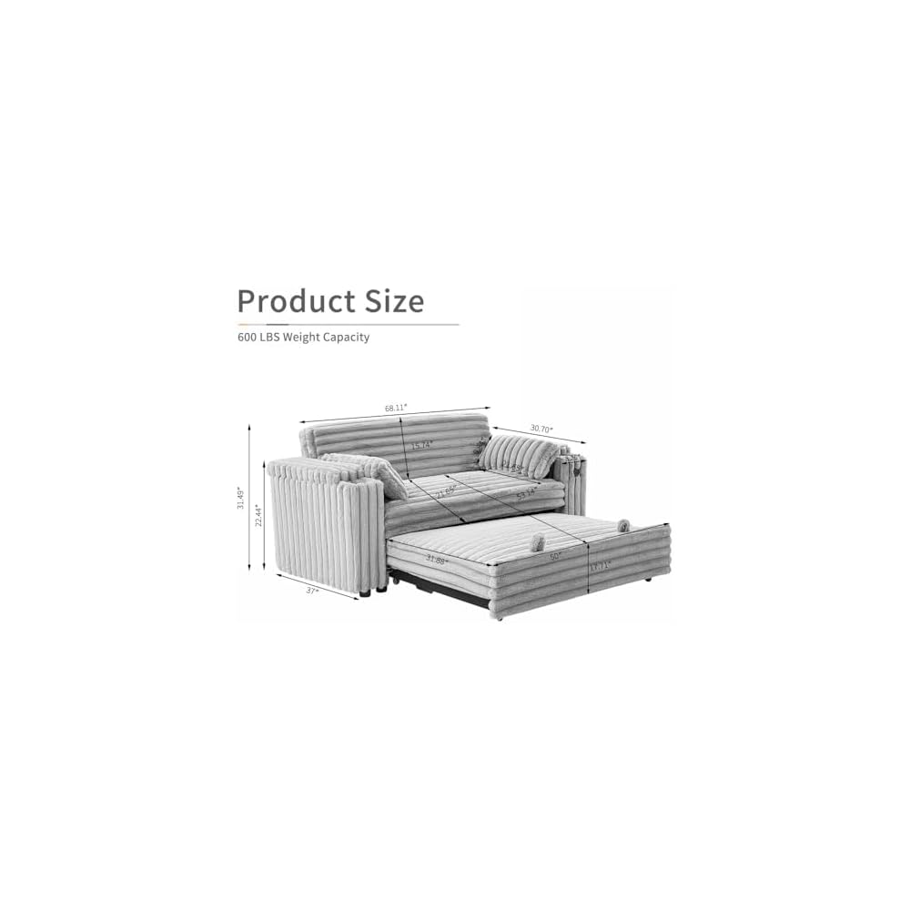 hansones 68" Corduroy Convertible Sofa Bed with USB, Storage Armrests & Pillows – 3-in-1 Foldable Sleeper Chair Floor Couch for Living Room, Bedroom, Guest Room (ZY-1109-Light Gray)