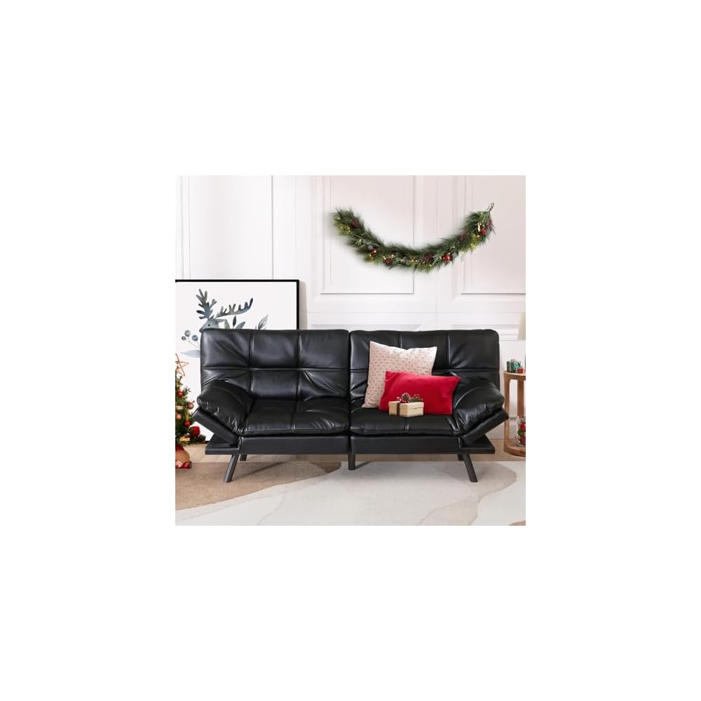 Hcore Multifunctional Futon Sofa Bed,Convertible Sleeper Futon Couch,Memory Foam Loveseat Sofa Bed,Small Splitback Faux Leather Modern Sofa for Living Room,Office,Apartment,Light Black