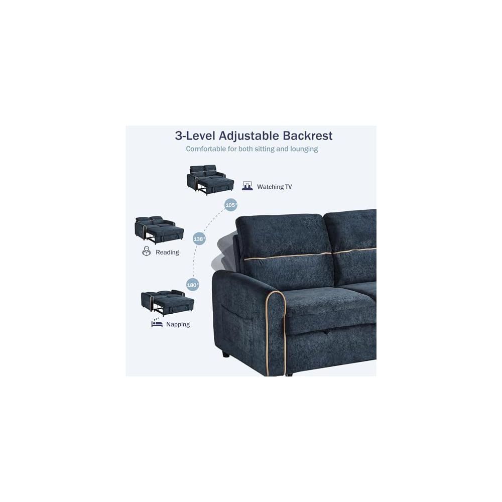 58" Blue Convertible Sofa Bed, Chenille Pull Out Sleeper Couch with Side Pockets and Charging Ports, Pullout Loveseat with Chaise for RV, Living Room, Bedroom, Small Spaces (Blue)