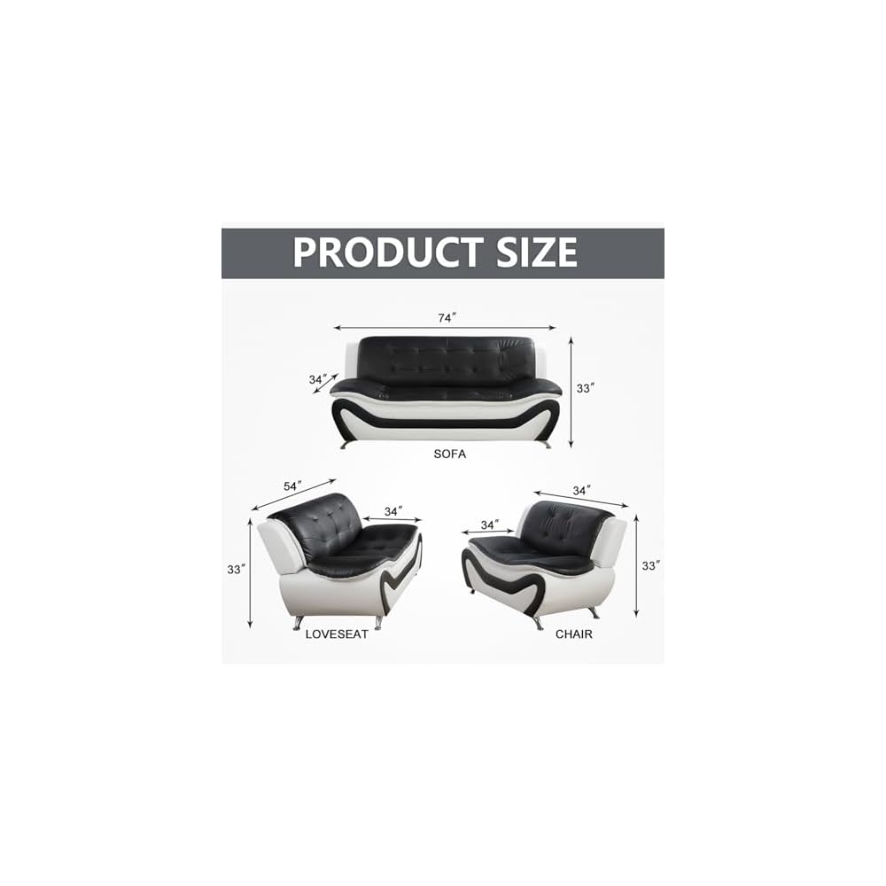 Leather Living Room Sofa Set, Equipped with Metal Leg Support Pillow Top Armrests, Perfect for Living Rooms, Offices, and Lounges (A-Black and White, Sofa+Loveseat+Chair)
