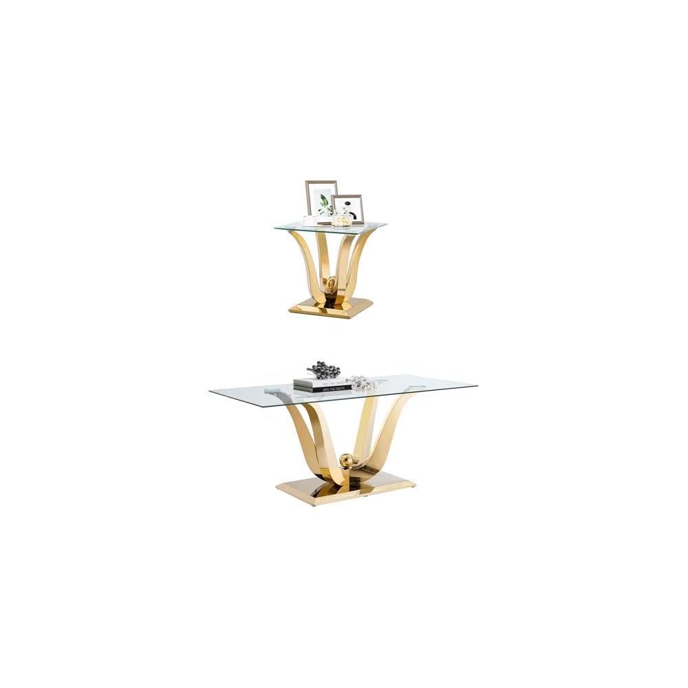 Henf Luxury Glass Coffee Table Set of 2 Piece Gold Living Room Table Set of 2 Including Coffee and End Table Set, Gorgeous Stainless Steel Frame, Clear Glass Top for Living Room Home Office Apartment