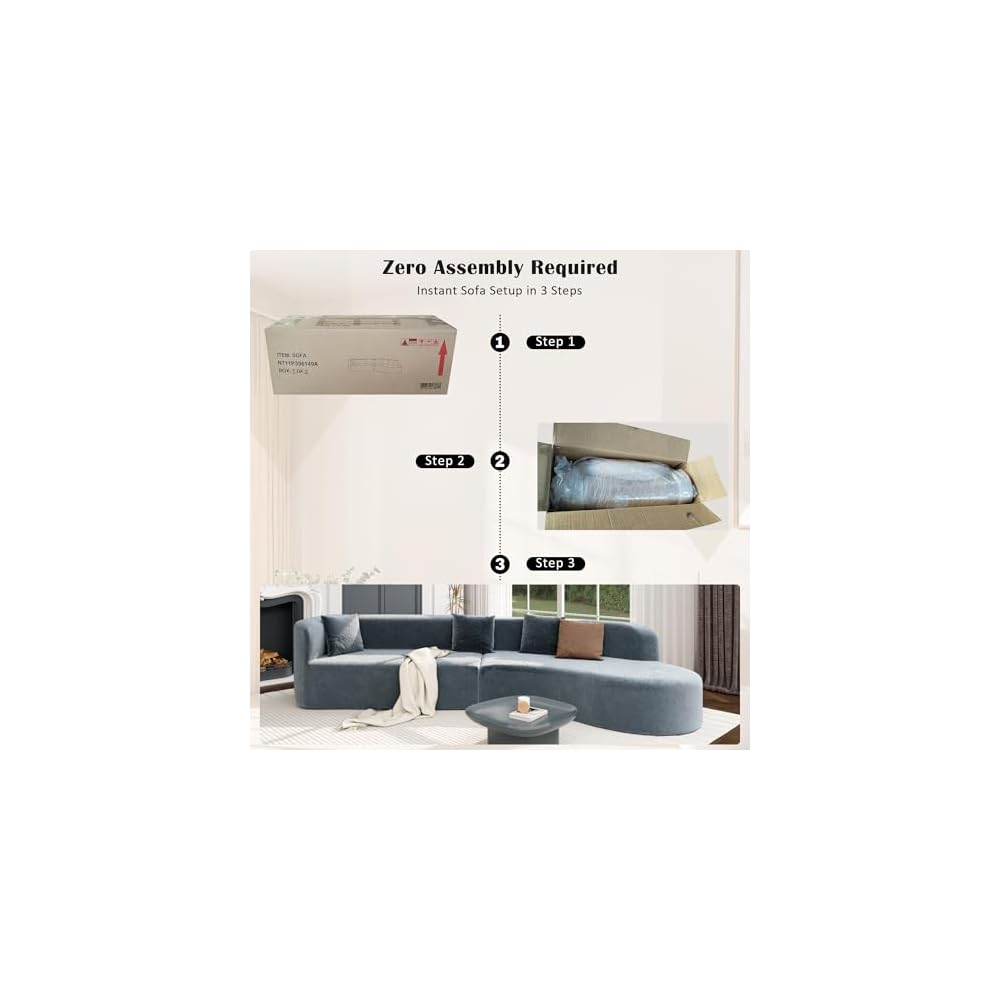 Merax Modern Minimalist Large 2-piece Sectional Curved Chenille Sofa with 3 Pillows and High-Density Foam for Luxurious Comfort and Seamless, for Living Room, Bedroom, Blue