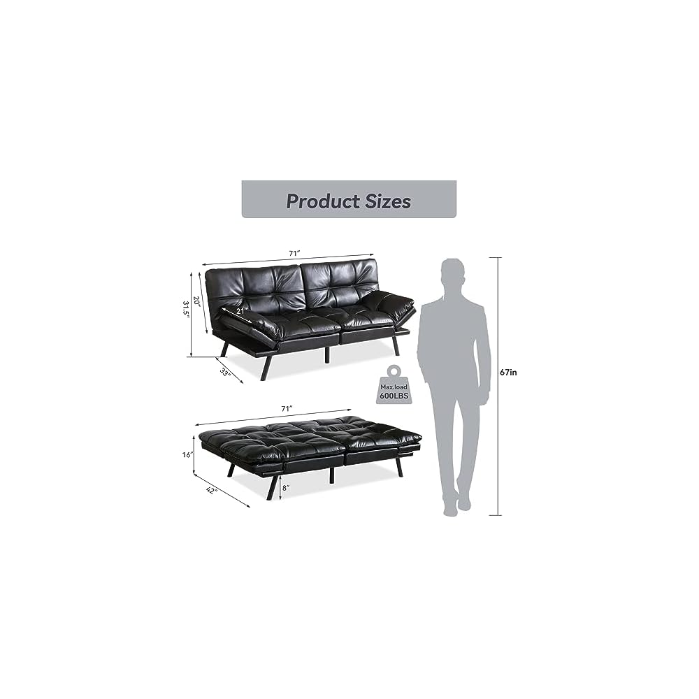 Hcore Multifunctional Futon Sofa Bed,Convertible Sleeper Futon Couch,Memory Foam Loveseat Sofa Bed,Small Splitback Faux Leather Modern Sofa for Living Room,Office,Apartment,Light Black