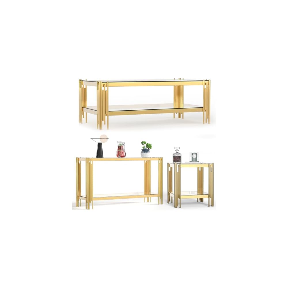 Henf Luxury Glass Coffee Table Set of 2 Piece Gold Living Room Table Set of 2 Including Coffee and End Table Set, Gorgeous Stainless Steel Frame, Clear Glass Top for Living Room Home Office Apartment