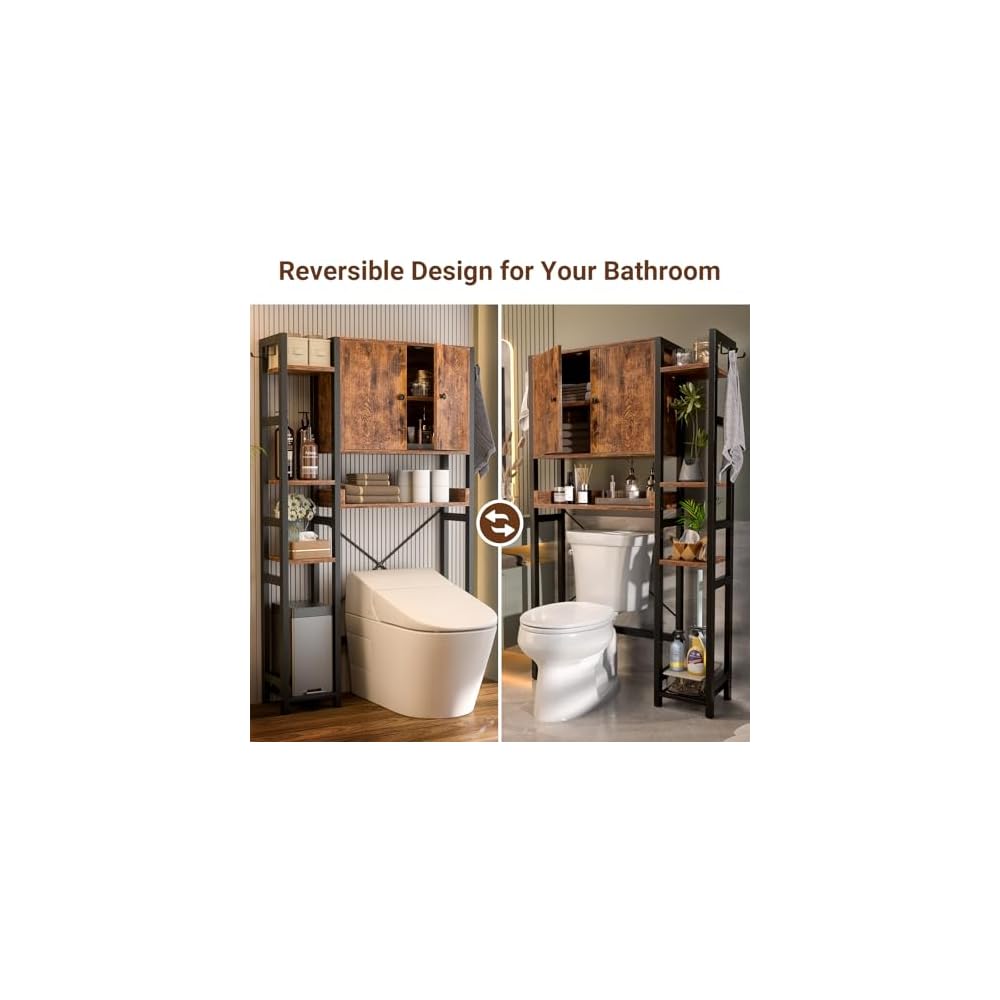 Over The Toilet Storage Cabinet with Doors - 7 Tier Bathroom Organizer with Adjustable Shelf, Freestanding Space Saver Rack Above Toilet Stand with 4 Hooks for Bathroom, Restroom, Laundry, Rustic