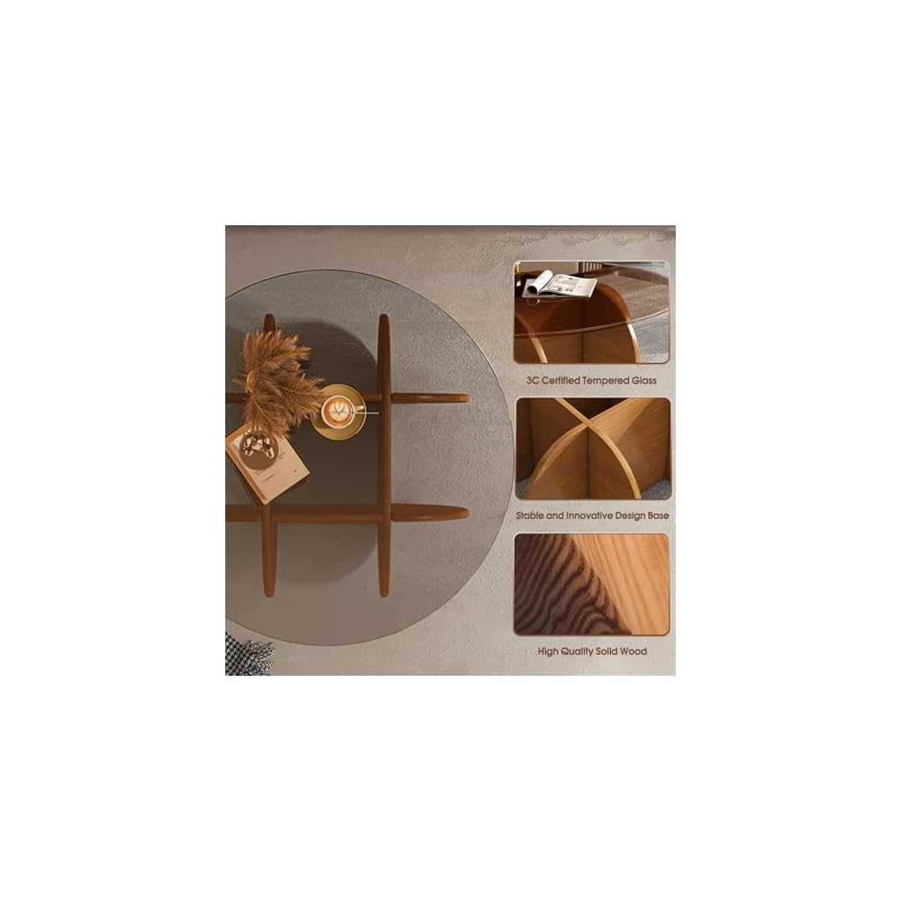 Glass Coffee Tables for Living Room Modern Elegant Round Coffee Table Mid Century Farmhouse Center Table with Solid Wood Frame and Tempered Glass Tabletop, Easy Assembly,31.5''