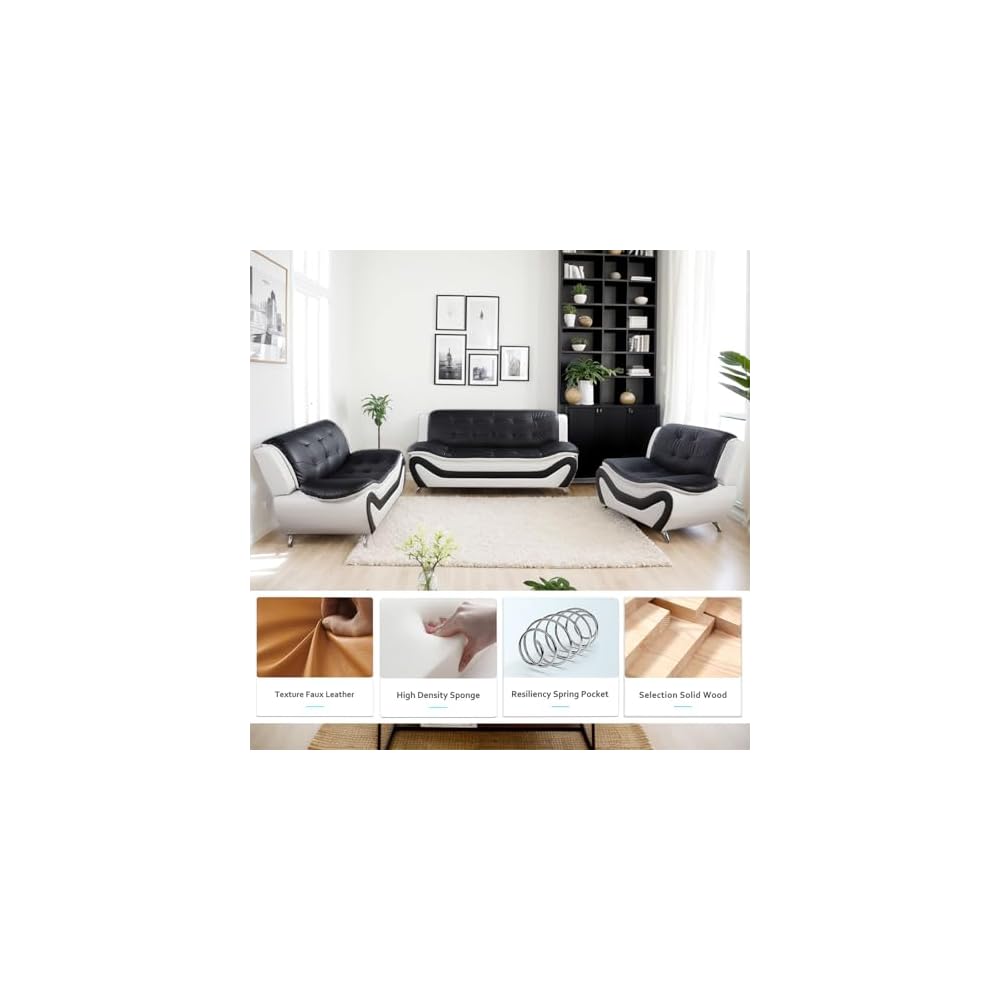 Leather Living Room Sofa Set, Equipped with Metal Leg Support Pillow Top Armrests, Perfect for Living Rooms, Offices, and Lounges (A-Black and White, Sofa+Loveseat+Chair)