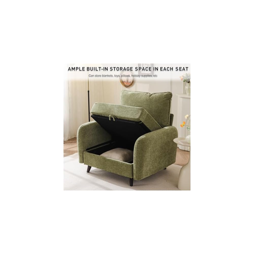 Rexulqo Oversized Accent Chair with All Seats Storage,Comfy Living Room Chairs with 2 Throw Pillow,Upholstered Mid-Century Armchair,24.5'' Deep Seat,Reading Chair for Bedroom,Office,Chenille,Green