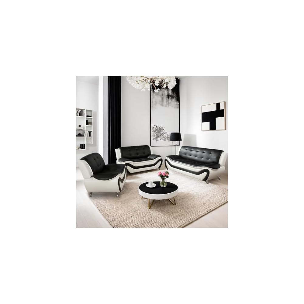 Leather Living Room Sofa Set, Equipped with Metal Leg Support Pillow Top Armrests, Perfect for Living Rooms, Offices, and Lounges (A-Black and White, Sofa+Loveseat+Chair)