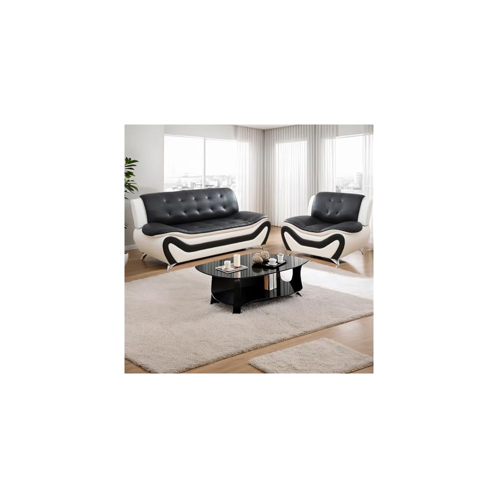 Leather Living Room Sofa Set, Equipped with Metal Leg Support Pillow Top Armrests, Perfect for Living Rooms, Offices, and Lounges (A-Black and White, Sofa+Loveseat+Chair)