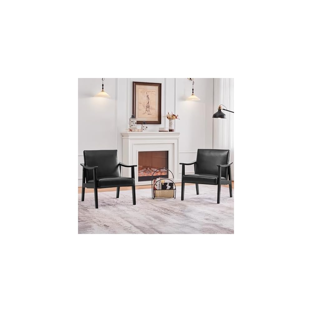Yaheetech Accent Chairs Set of 2, Mid-Century Faux Leather Armchairs, Black