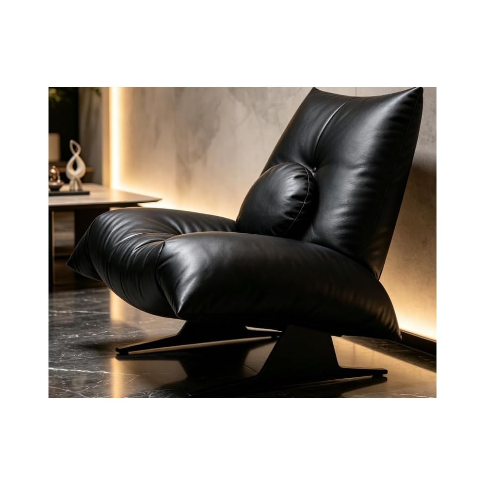Black Genuine Leather Lounge Chair with Sculptural Metal Base
