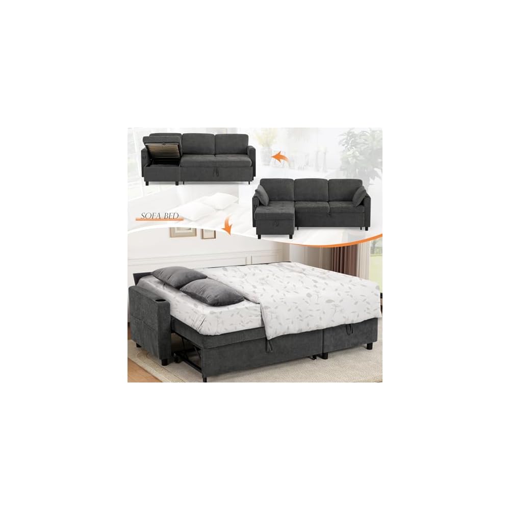 84" Fabric Sleeper Sofa Bed w/Adjustable Backrests, Grey