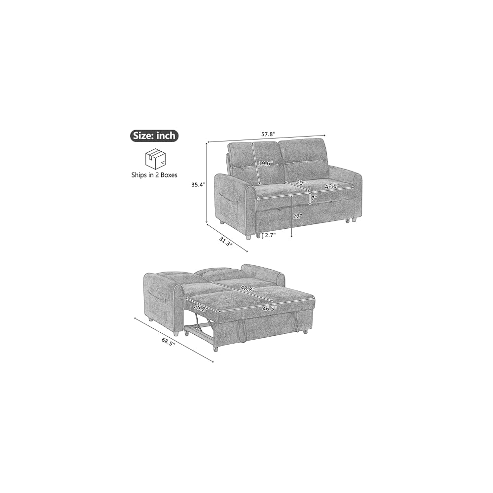 58" Blue Convertible Sofa Bed, Chenille Pull Out Sleeper Couch with Side Pockets and Charging Ports, Pullout Loveseat with Chaise for RV, Living Room, Bedroom, Small Spaces (Blue)