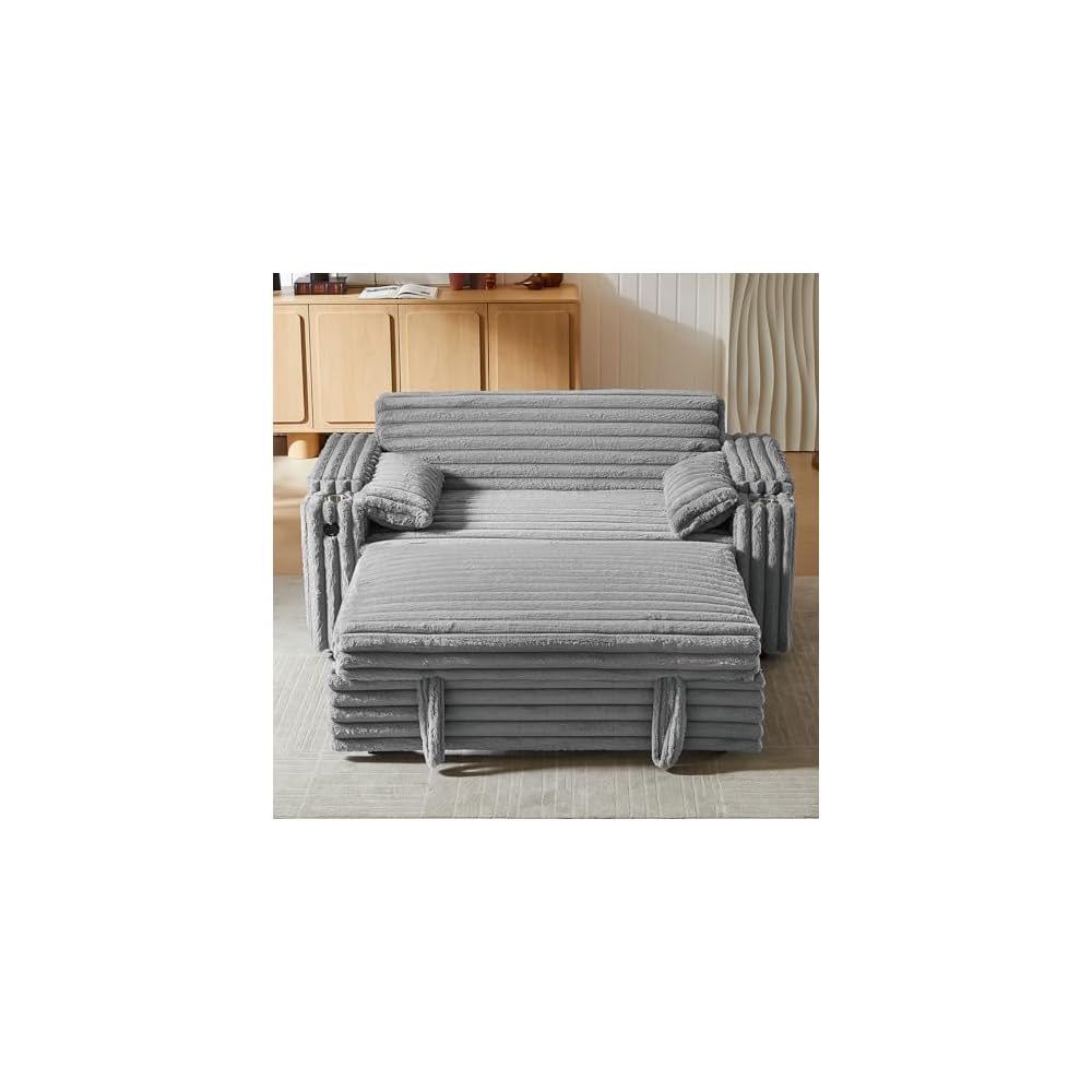 hansones 68" Corduroy Convertible Sofa Bed with USB, Storage Armrests & Pillows – 3-in-1 Foldable Sleeper Chair Floor Couch for Living Room, Bedroom, Guest Room (ZY-1109-Light Gray)