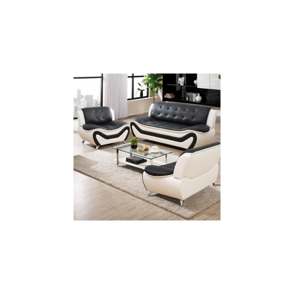 Leather Living Room Sofa Set, Equipped with Metal Leg Support Pillow Top Armrests, Perfect for Living Rooms, Offices, and Lounges (A-Black and White, Sofa+Loveseat+Chair)