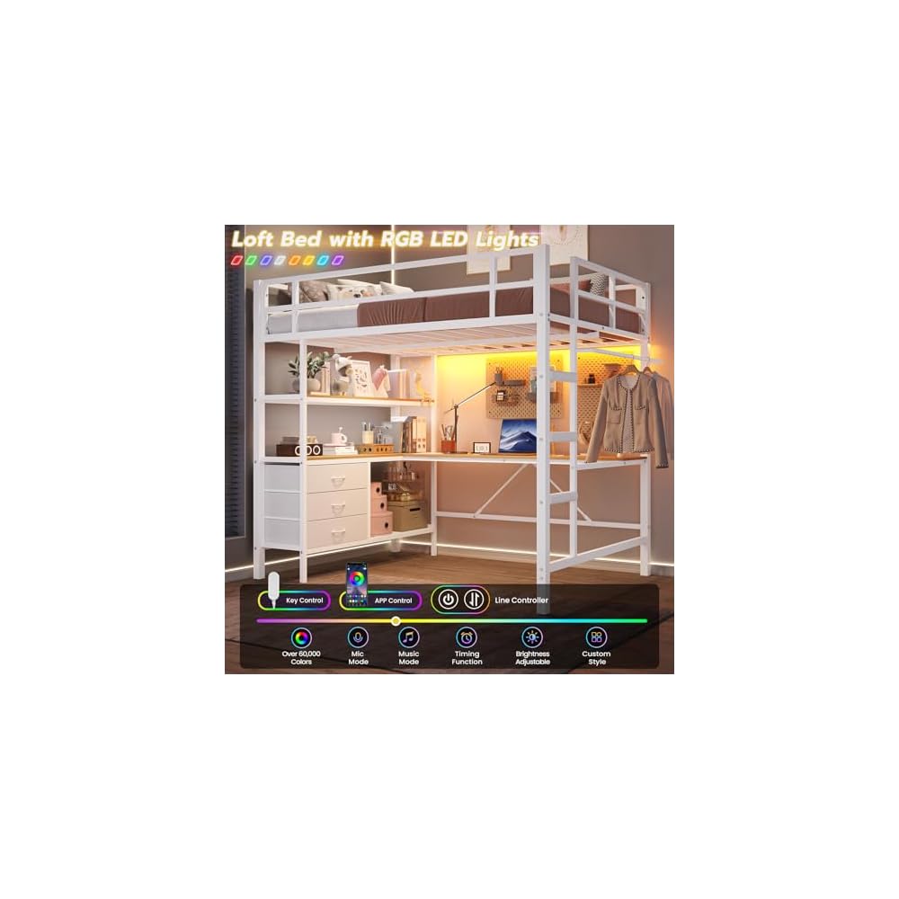 DICTAC Loft Bed Full Size with L-Shaped Desk and 3 Storage Drawers, White