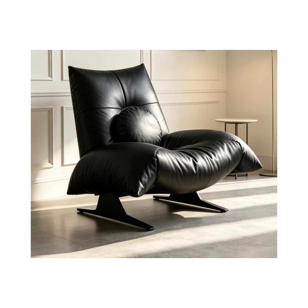 Black Genuine Leather Lounge Chair with Sculptural Metal Base
