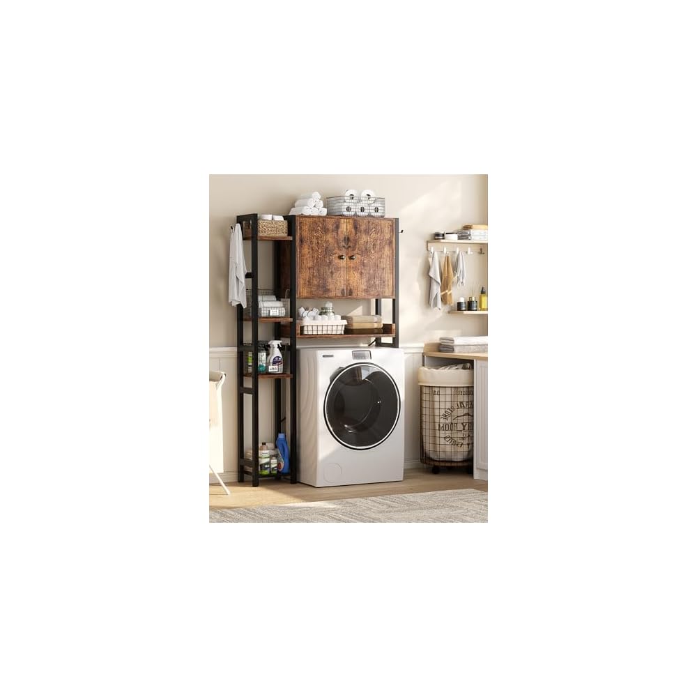 Over The Toilet Storage Cabinet with Doors - 7 Tier Bathroom Organizer with Adjustable Shelf, Freestanding Space Saver Rack Above Toilet Stand with 4 Hooks for Bathroom, Restroom, Laundry, Rustic