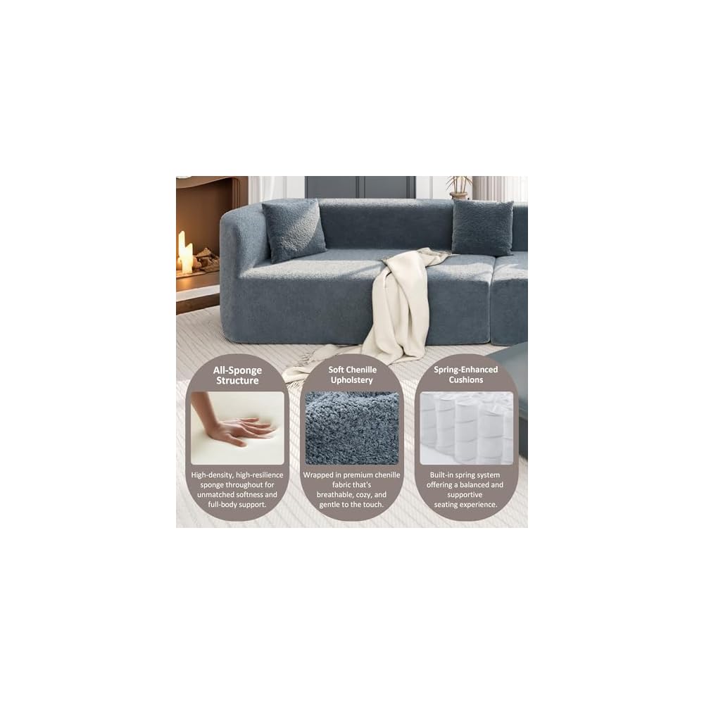 Merax Modern Minimalist Large 2-piece Sectional Curved Chenille Sofa with 3 Pillows and High-Density Foam for Luxurious Comfort and Seamless, for Living Room, Bedroom, Blue