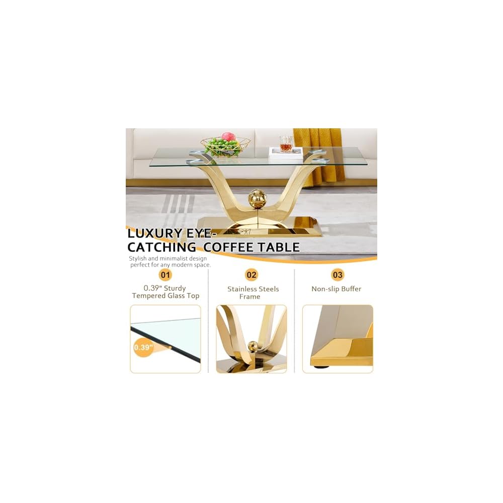 Henf Luxury Glass Coffee Table Set of 2 Piece Gold Living Room Table Set of 2 Including Coffee and End Table Set, Gorgeous Stainless Steel Frame, Clear Glass Top for Living Room Home Office Apartment