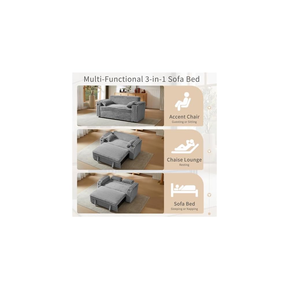 hansones 68" Corduroy Convertible Sofa Bed with USB, Storage Armrests & Pillows – 3-in-1 Foldable Sleeper Chair Floor Couch for Living Room, Bedroom, Guest Room (ZY-1109-Light Gray)